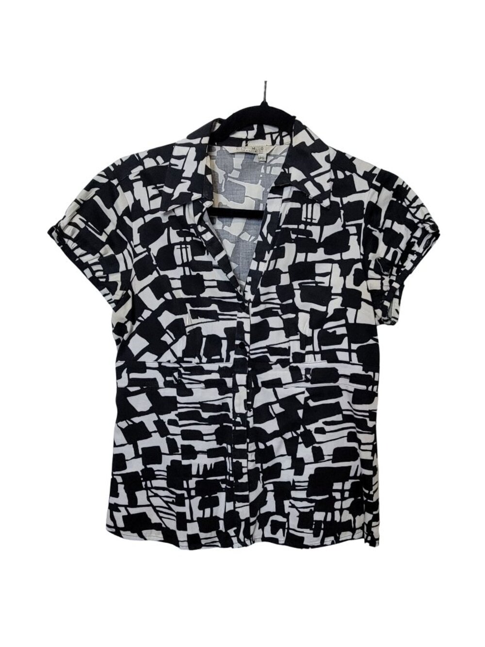 Como Black White Collared Button Up Short Sleeve Shirt Women's Petite S PS 1281